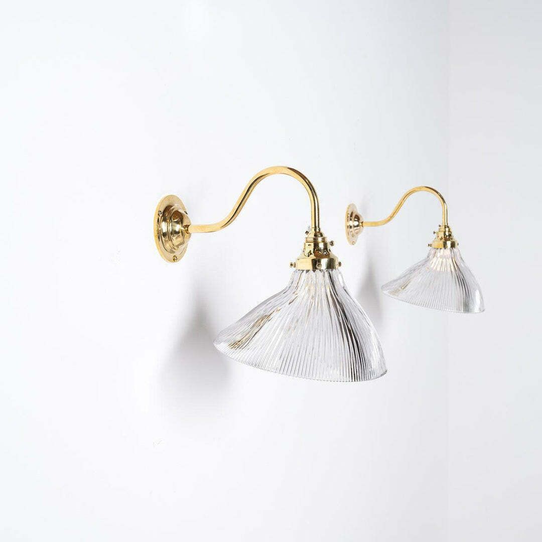 photo for sale Antique Holophane Angled Prismatic Glass Wall Lights On Polished Brass Brackets