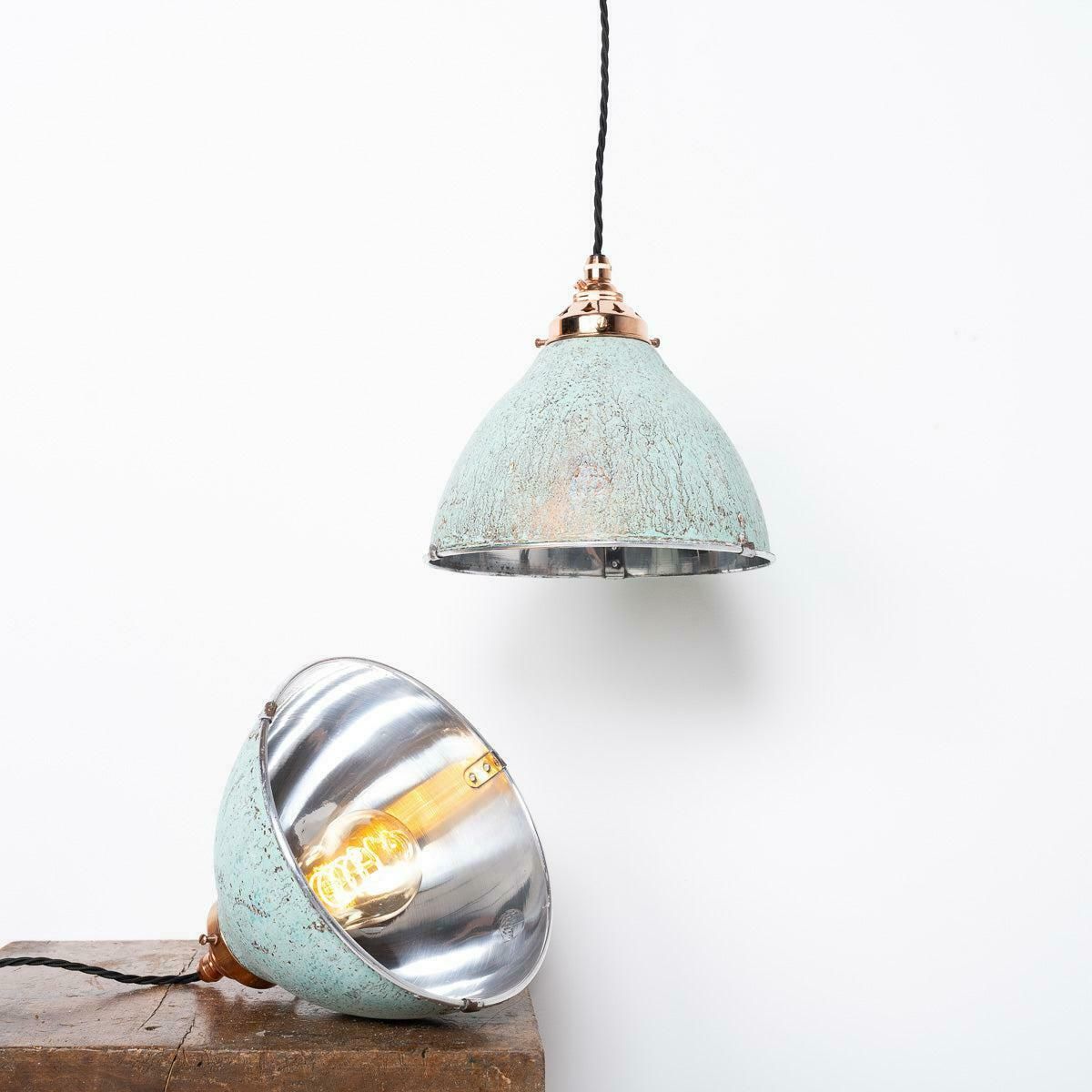 photo buy Reclaimed Industrial Holophane Verdigris Coppered Spun Aluminium Pendant Lights