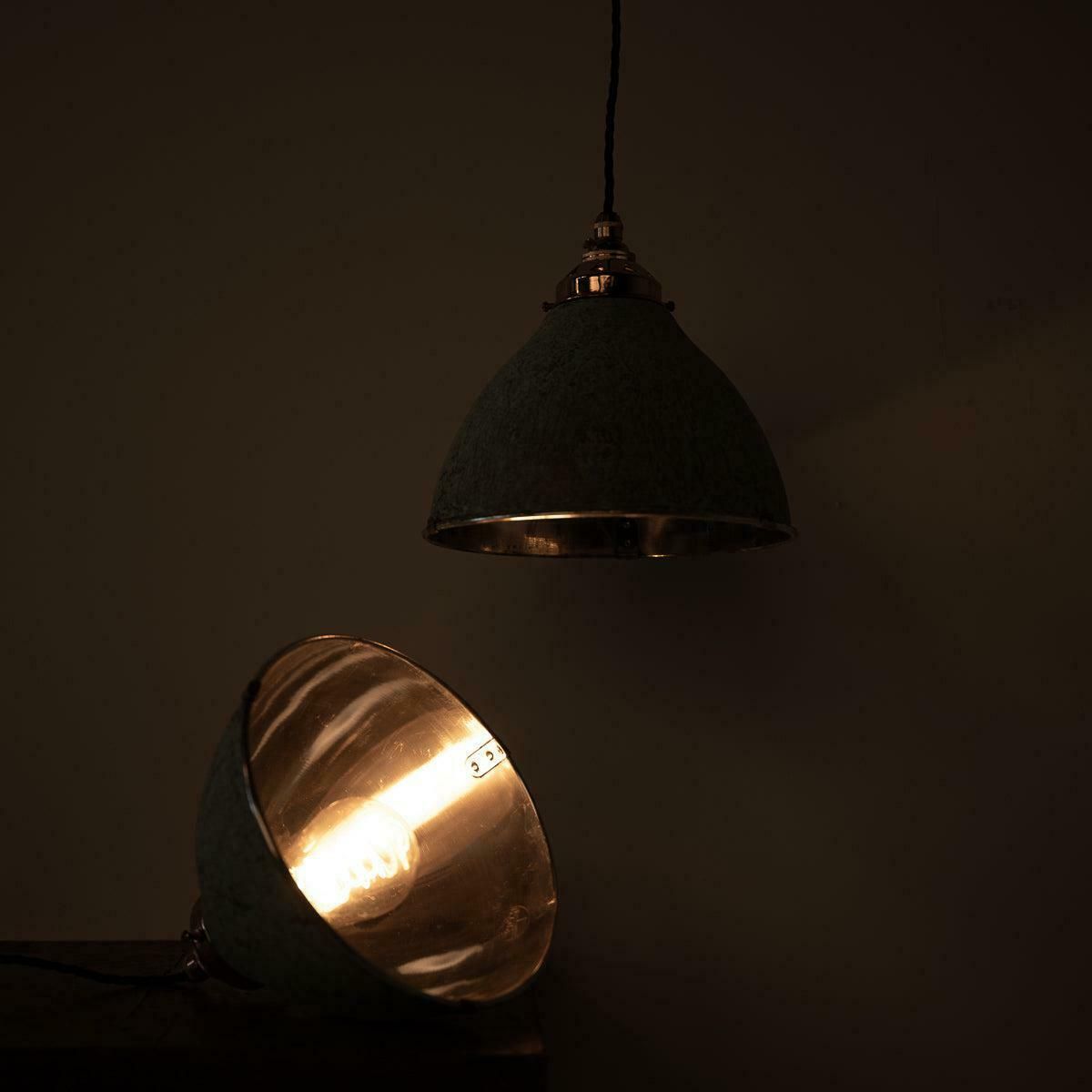 photo vintage Reclaimed Industrial Holophane Verdigris Coppered Spun Aluminium Pendant Lights