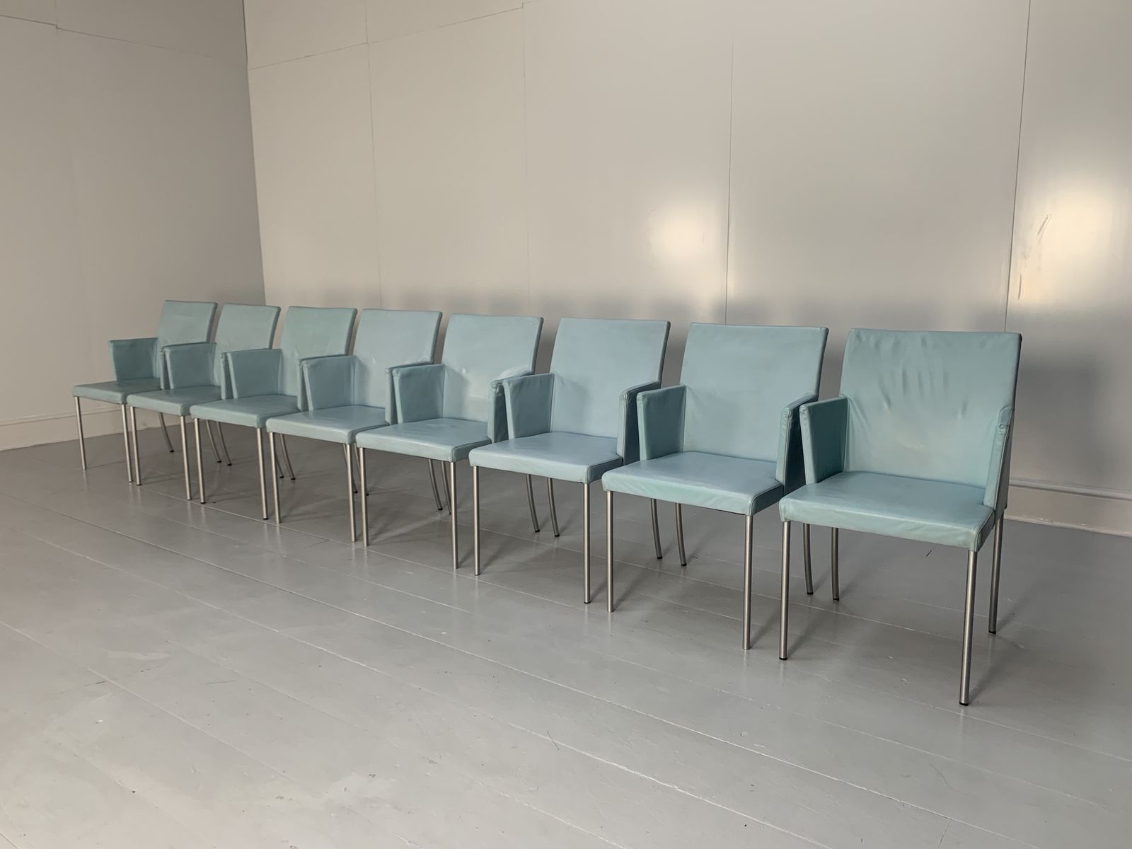 Suite Of 8 Walter Knoll “Jason 391” Dining Chairs – In Sky Blue Leather
