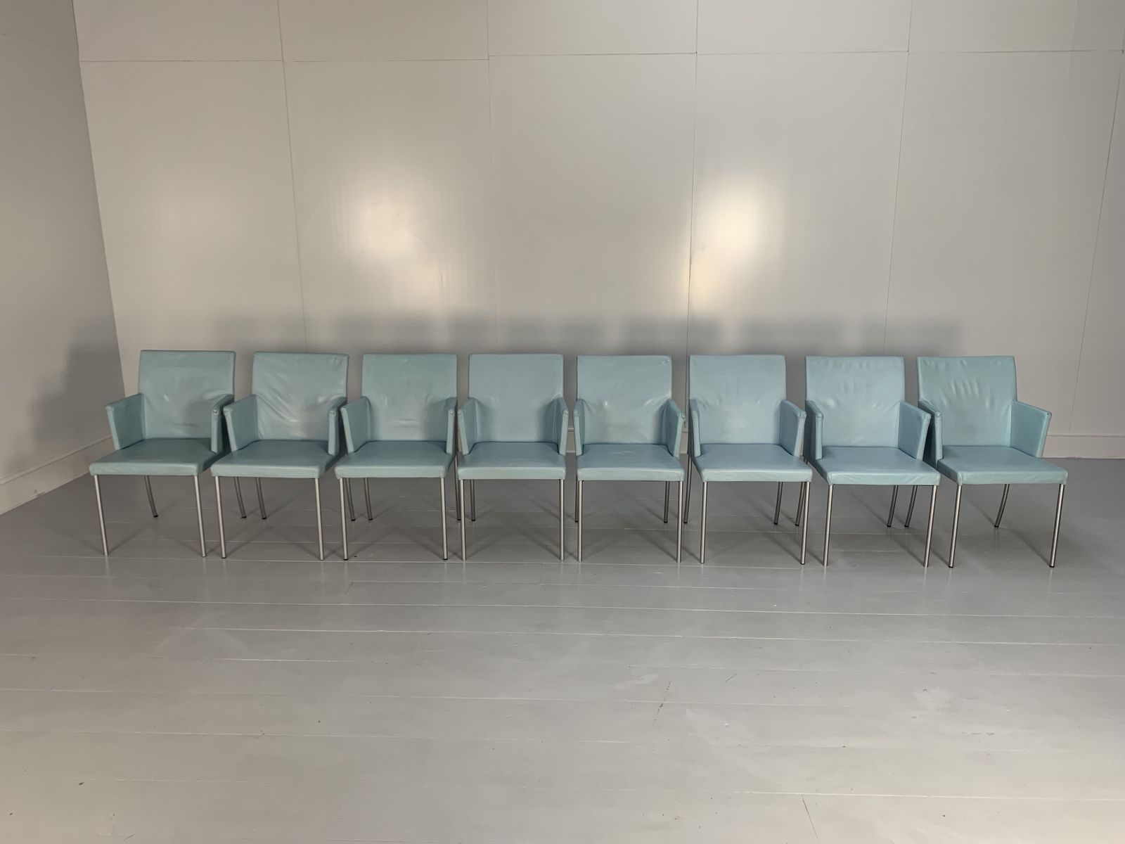 Suite Of 8 Walter Knoll “Jason 391” Dining Chairs – In Sky Blue Leather photo Furniture