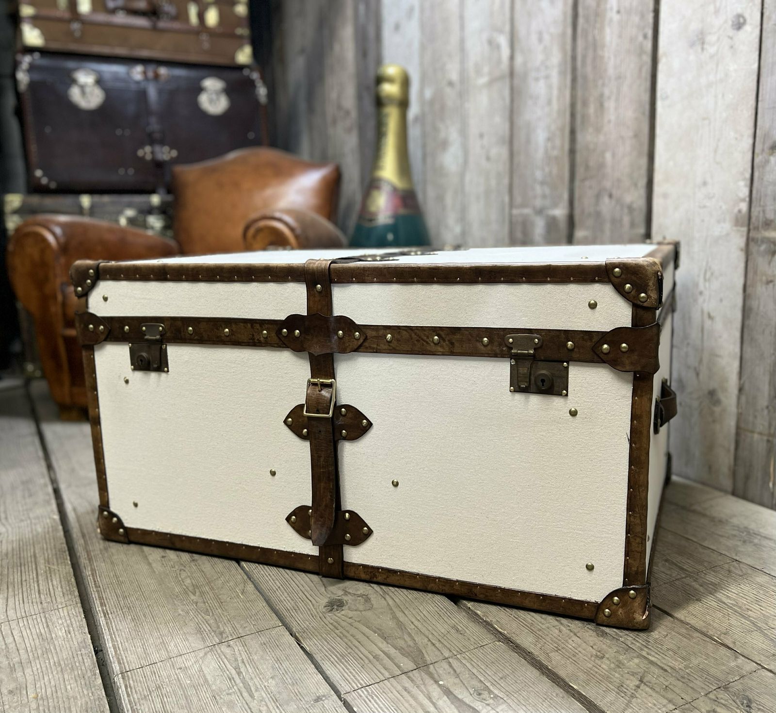 photo for sale Tori Natural Plain Natural Fabric & Leather Coffee Table Trunk Chest Home Decor Furnishings