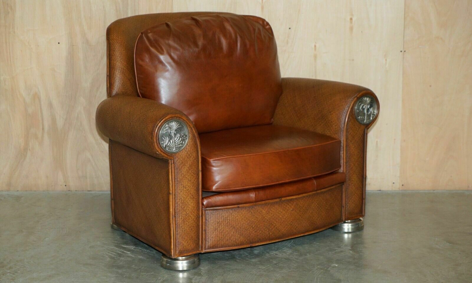 Thomasville Safari Leather Woven Armchair & Footstool Ottoman Brown Leather photo furniture