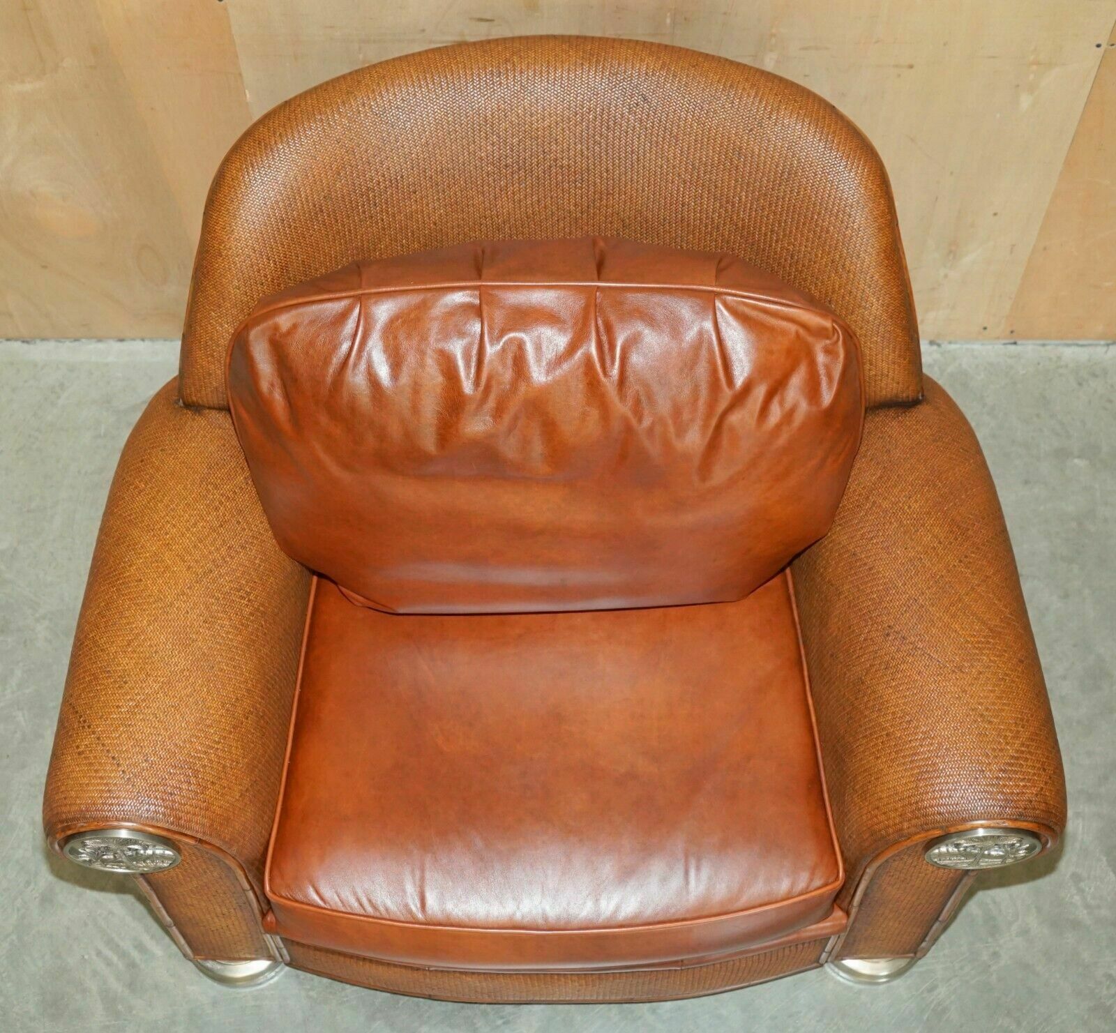 Furniture Thomasville Safari Leather Woven Armchair & Footstool Ottoman Brown Leather photo