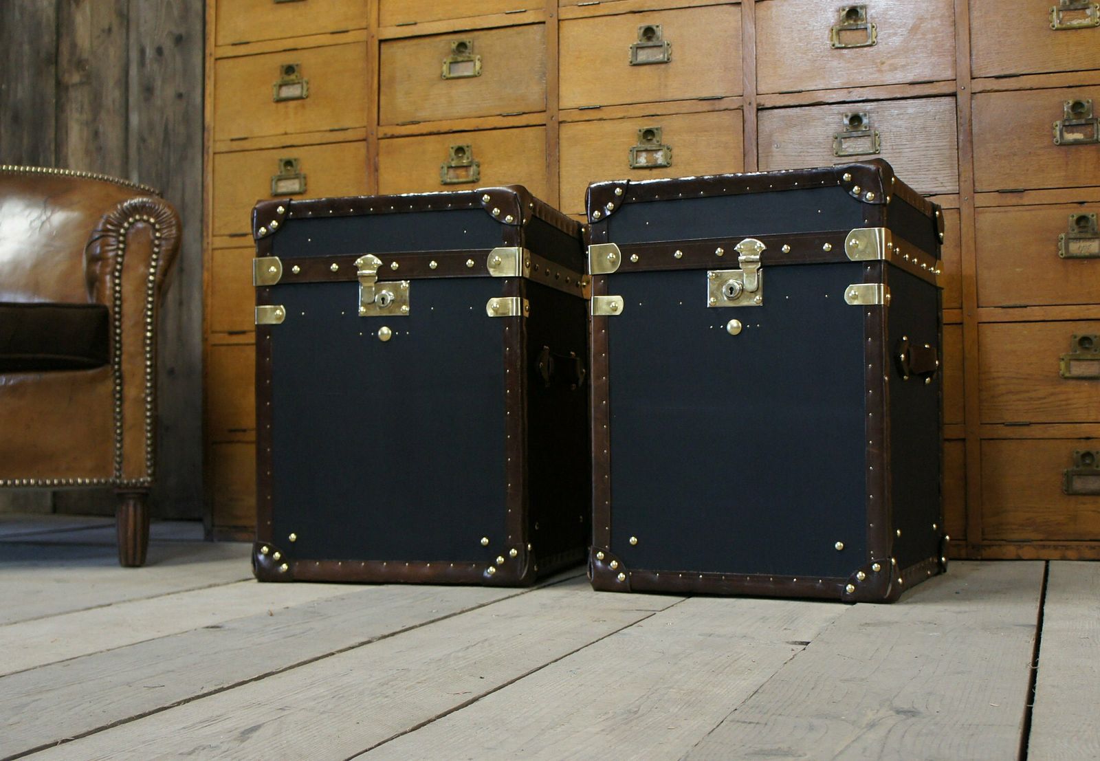 Black Millerain And Antique Leather Occasional Side Table Trunks Made In Nottingham England photo for sale