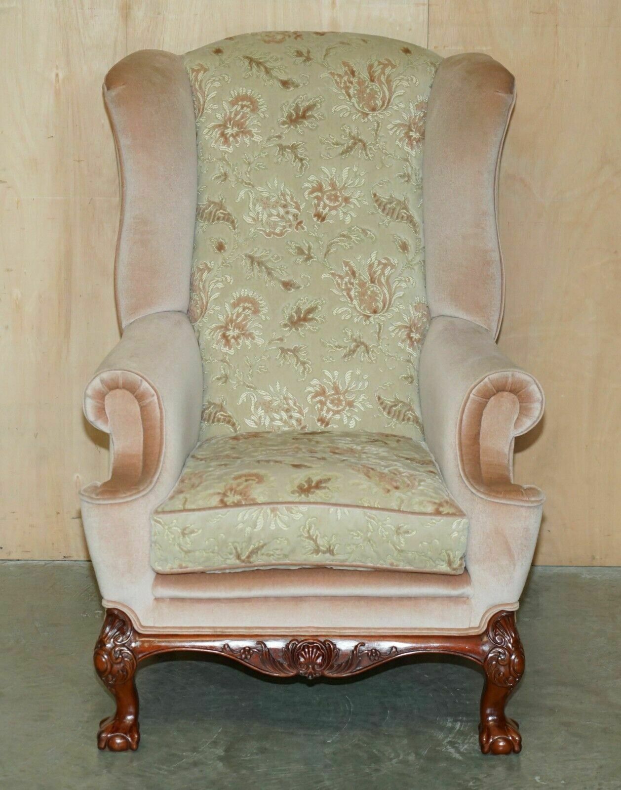Stunning Pair Of Victorian Style Claw & Ball Feet Floral Wingback Armchairs photo for sale