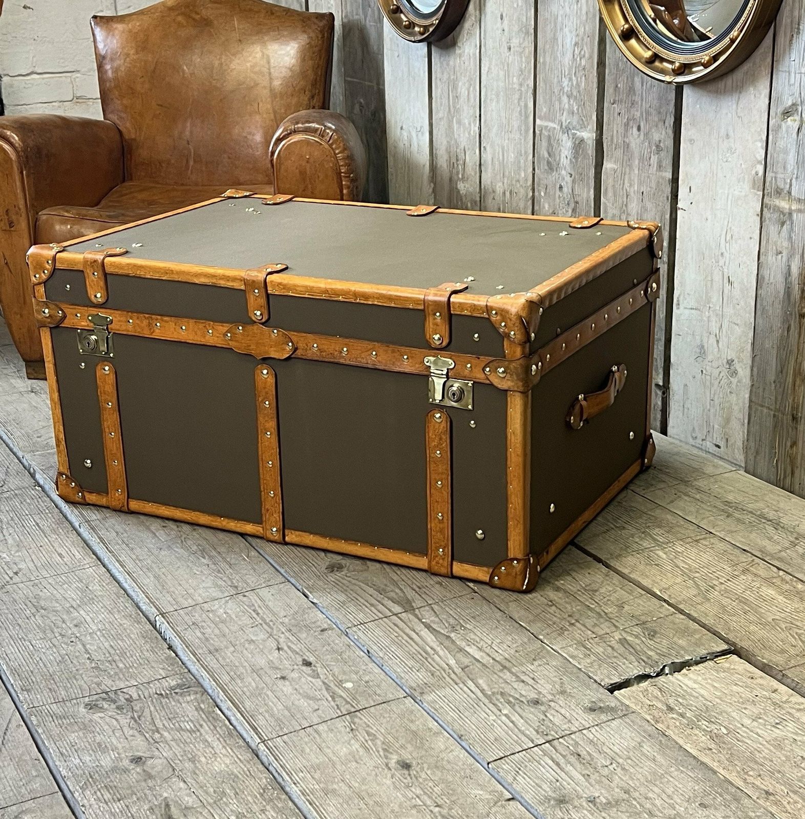 Bespoke Coffee Table , Olive Millerain & English Tan Bridle Leather Trimmed Handmade Trunk photo furniture
