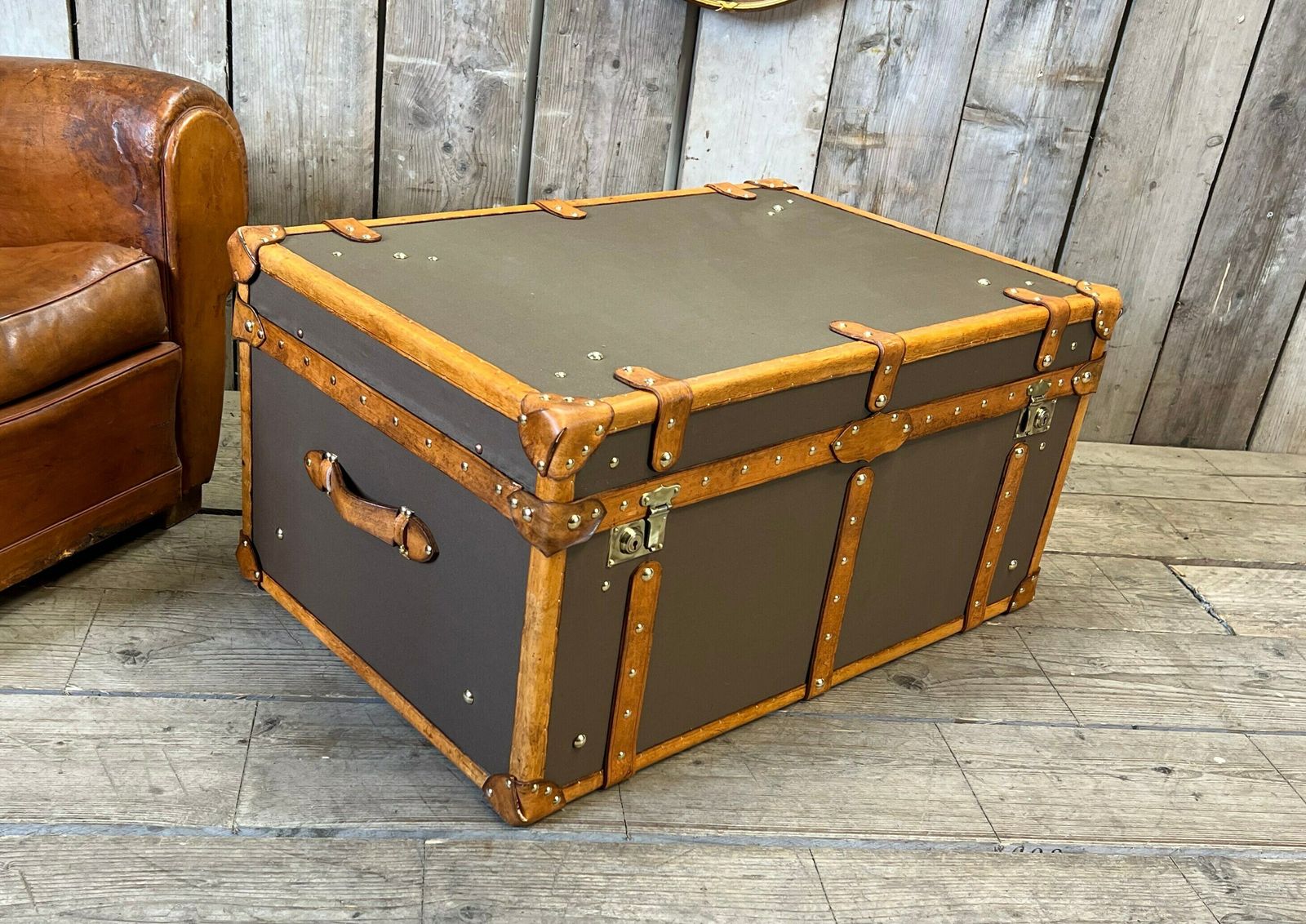 Bespoke Coffee Table , Olive Millerain & English Tan Bridle Leather Trimmed Handmade Trunk photo vinterior