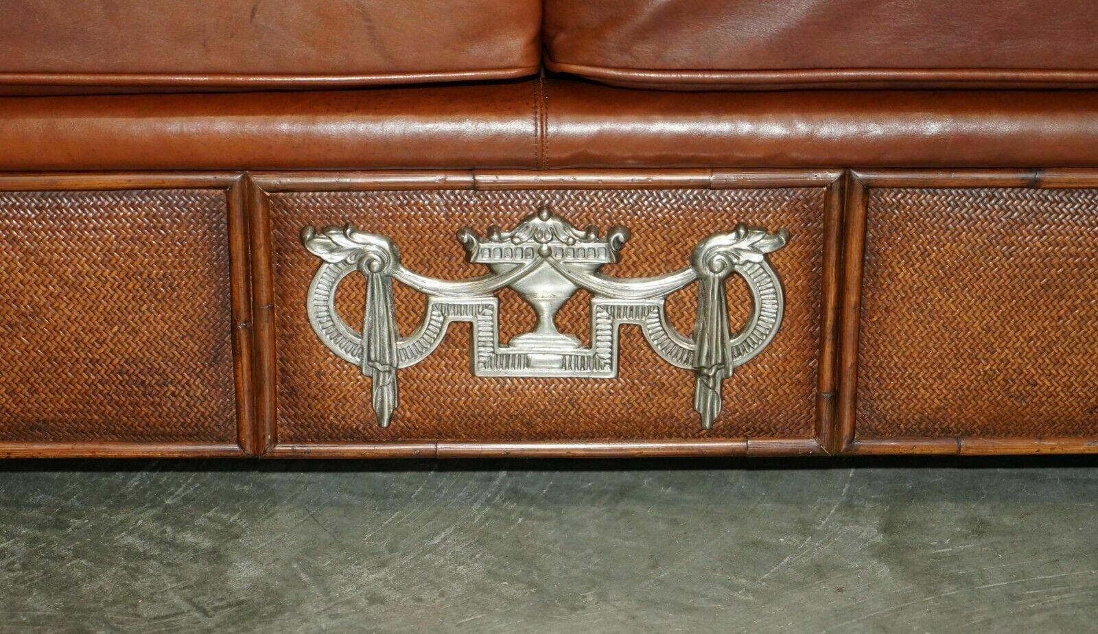 Furniture Rare Pair Of Thomasville Safari Brown Leather Woven Sofas Part Of Large Suite photo