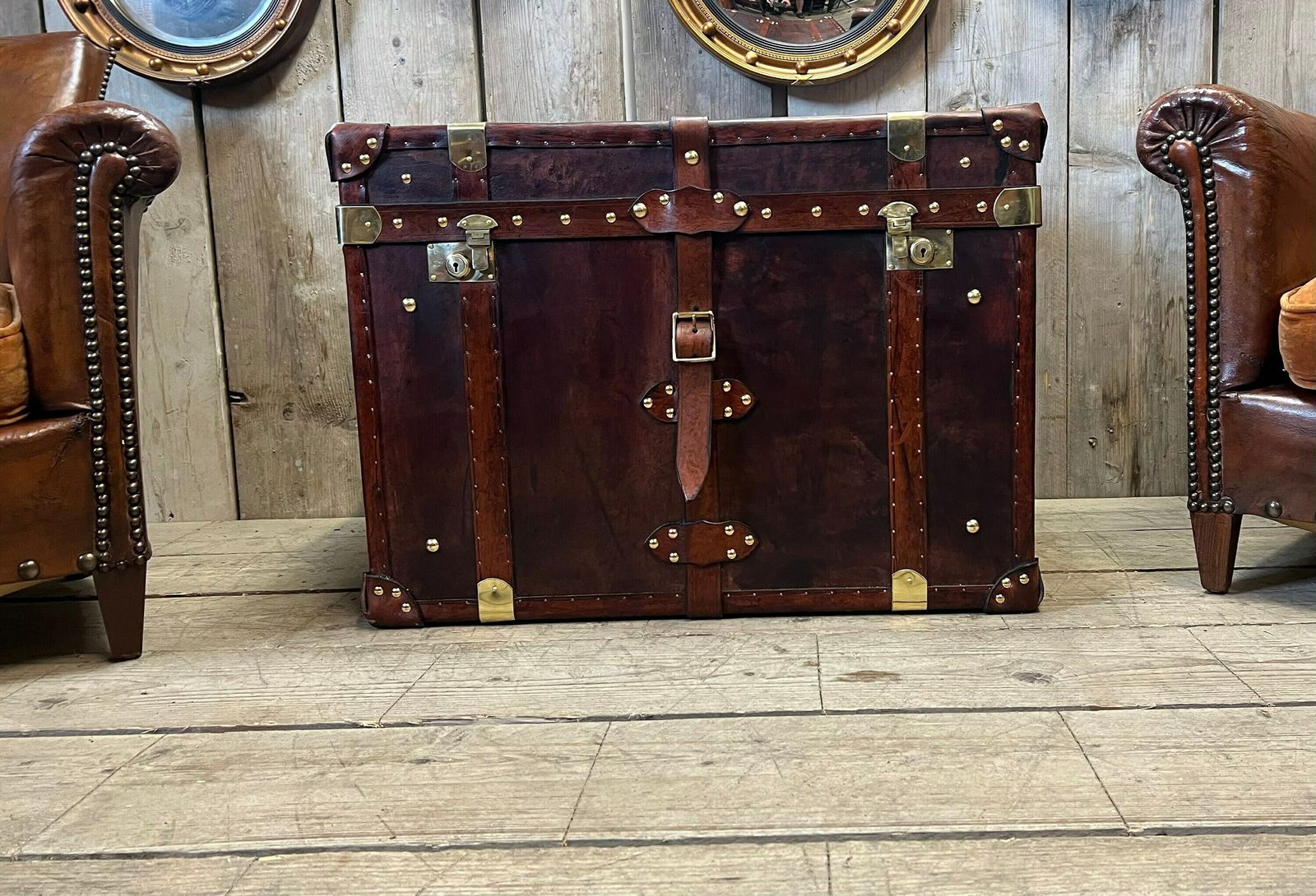 English Leather Trunk , Coffee Table Chest , Room Decor , End Table photo buy