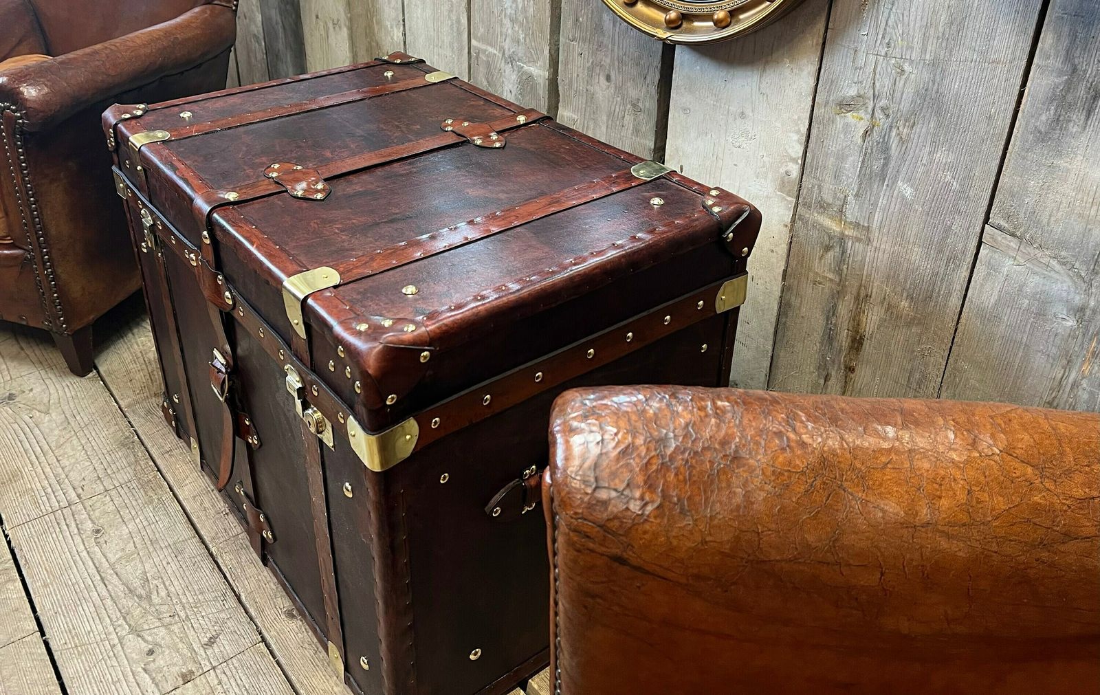 photo furniture English Leather Trunk , Coffee Table Chest , Room Decor , End Table