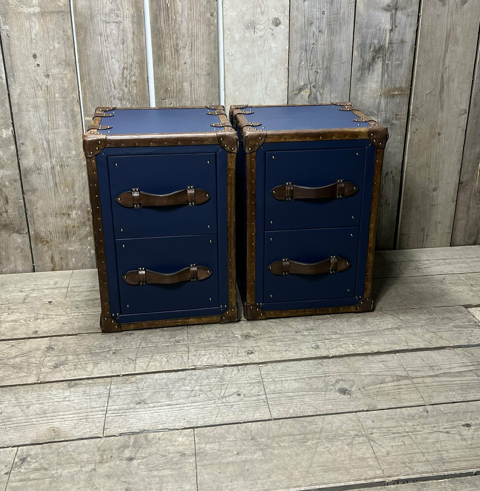 Pebble Blue Hand Dyed Tan Leather End Tables Bed Side Trunks Draws Bedroom Furniture photo 1839.0