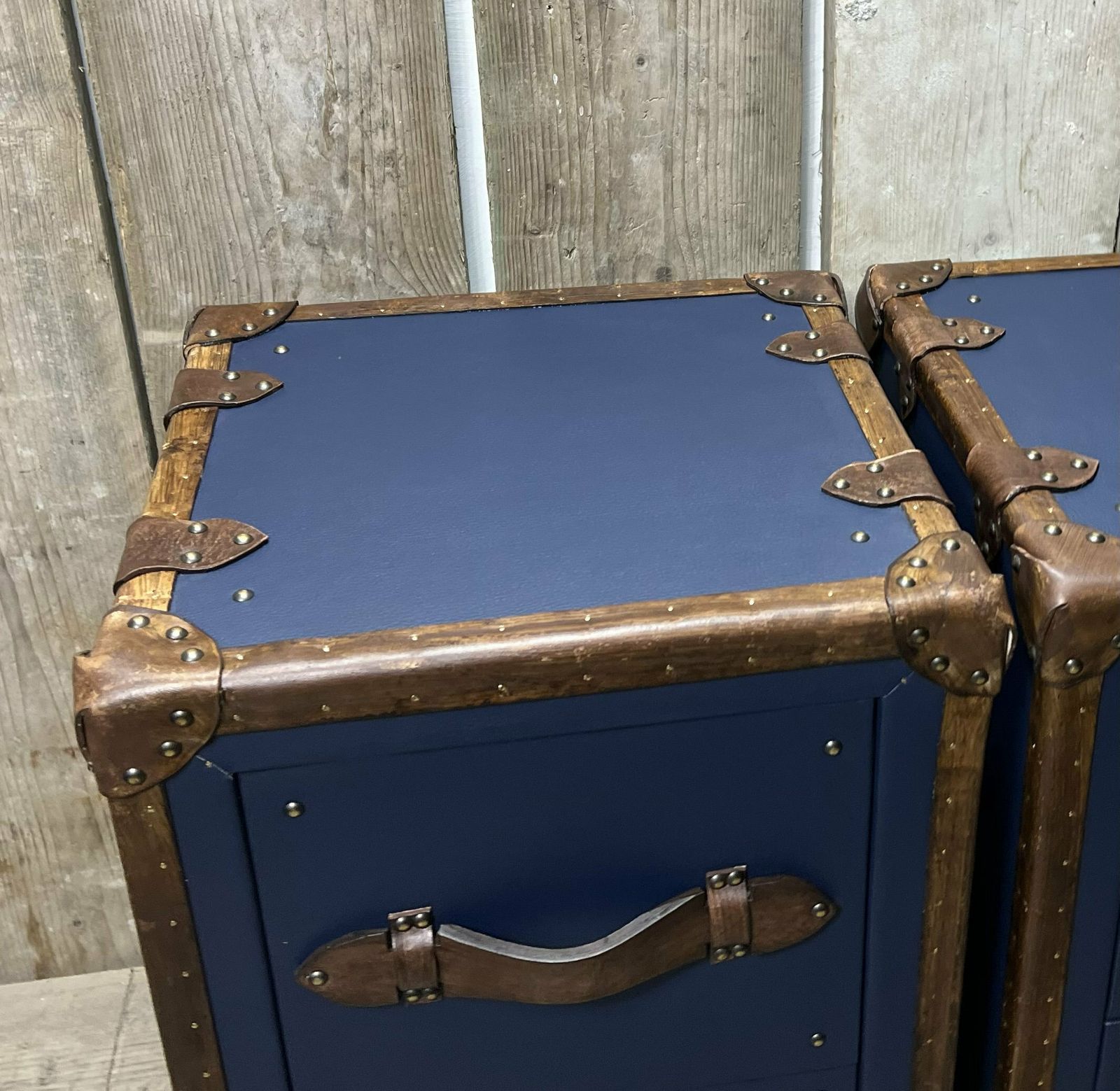 Pebble Blue Hand Dyed Tan Leather End Tables Bed Side Trunks Draws Bedroom Furniture photo vinterior