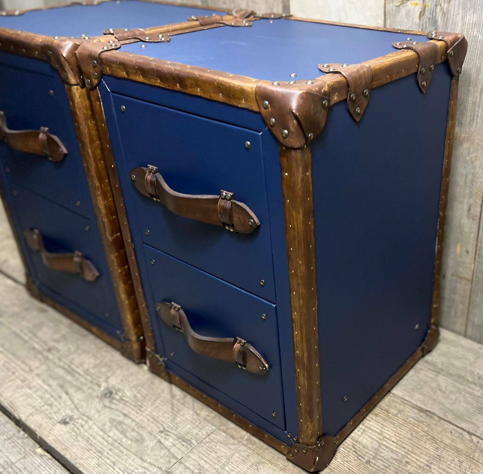 Pebble Blue Hand Dyed Tan Leather End Tables Bed Side Trunks Draws Bedroom Furniture photo buy
