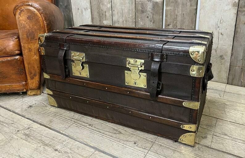 Beautiful Antique Travel Trunk Leather Brass & Wood Coffee Table End Table Home Decor