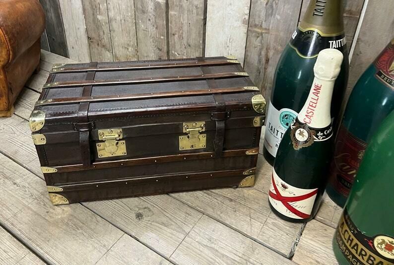 Beautiful Antique Travel Trunk Leather Brass & Wood Coffee Table End Table Home Decor photo furniture