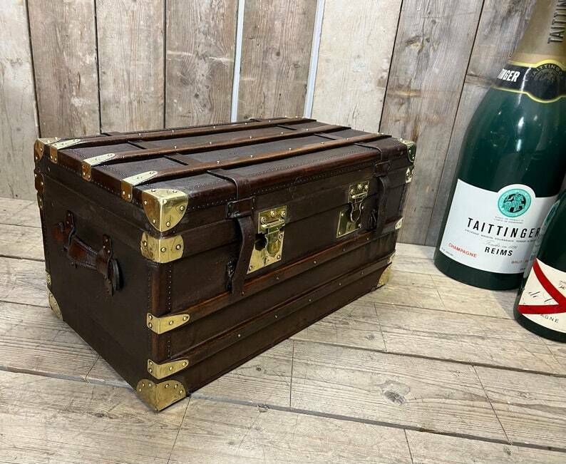 Beautiful Antique Travel Trunk Leather Brass & Wood Coffee Table End Table Home Decor photo for sale