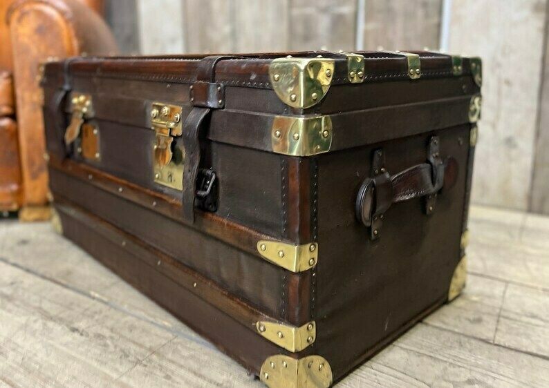 Beautiful Antique Travel Trunk Leather Brass & Wood Coffee Table End Table Home Decor photo Furniture
