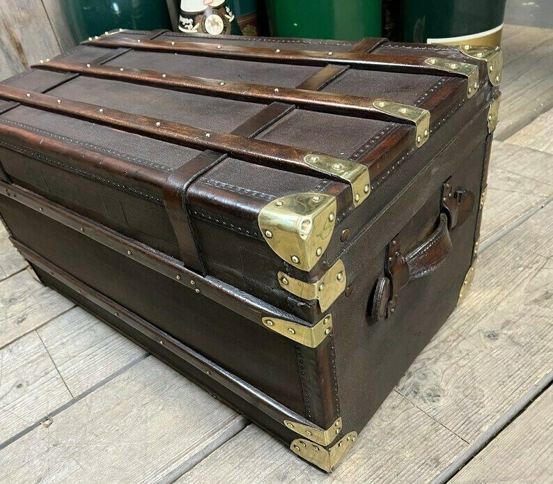 Beautiful Antique Travel Trunk Leather Brass & Wood Coffee Table End Table Home Decor photo vinterior