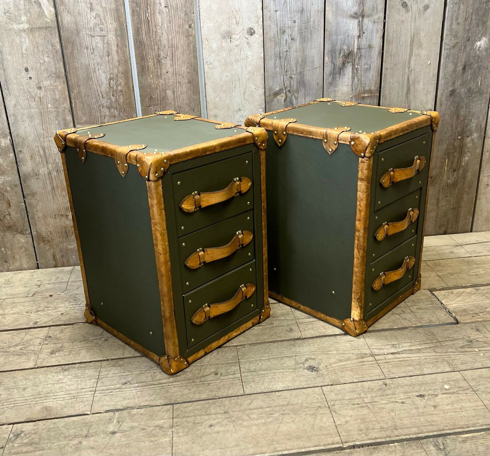 Luxury Olive Green Leather & Hand Dyed Leather Trim Nightstands Vanities Bedroom Decor photo for sale