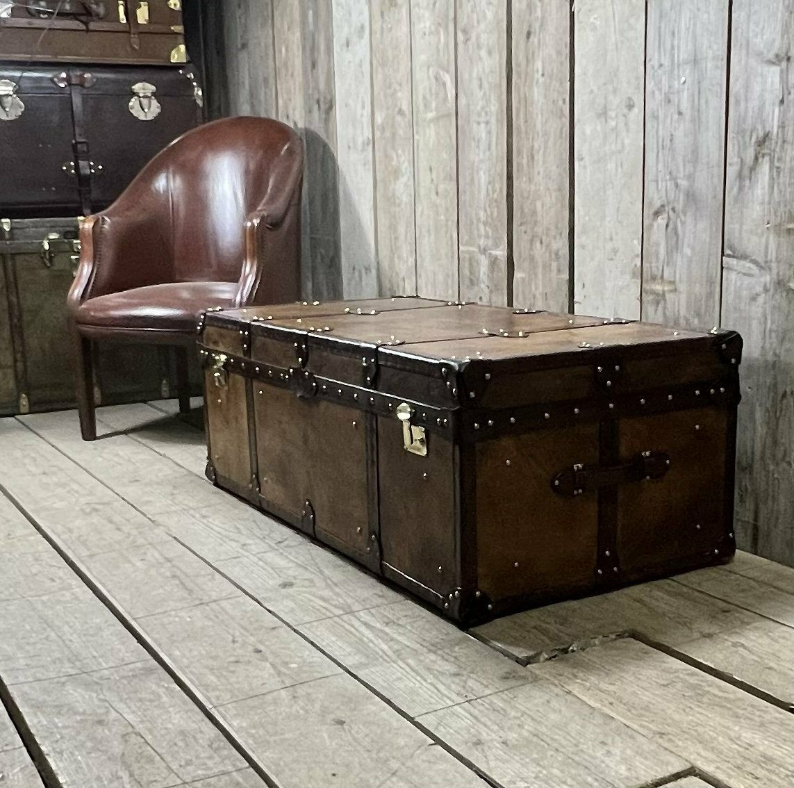 English Coffee Table, Hand Dyed Medium Brown Leather Trunk, Room Decor, Leather Craft, Traditionally Made,