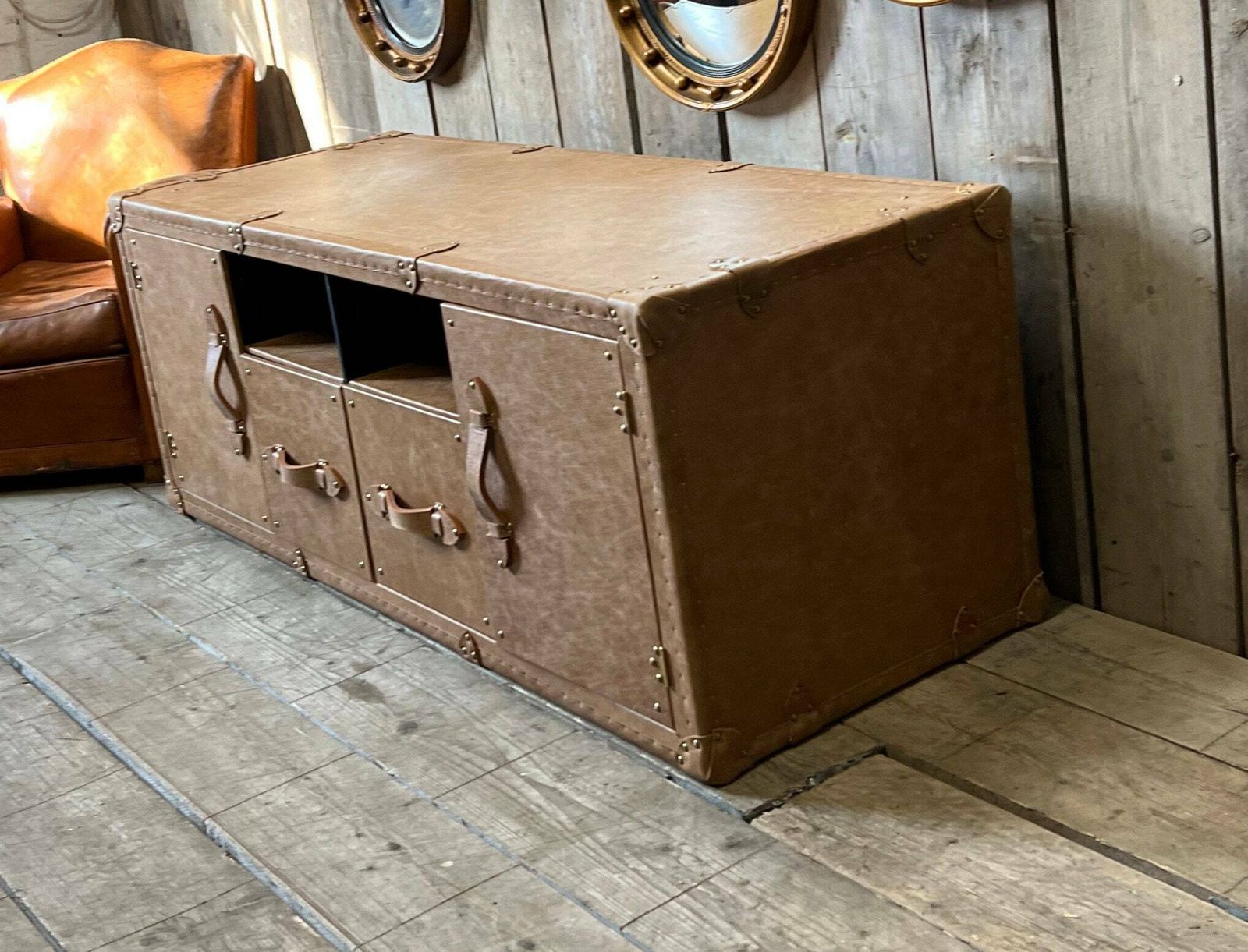 Tv Cabinet , Tv Console Table , Lincoln Tan Leather , Luxury Media Stand , Solid Wood