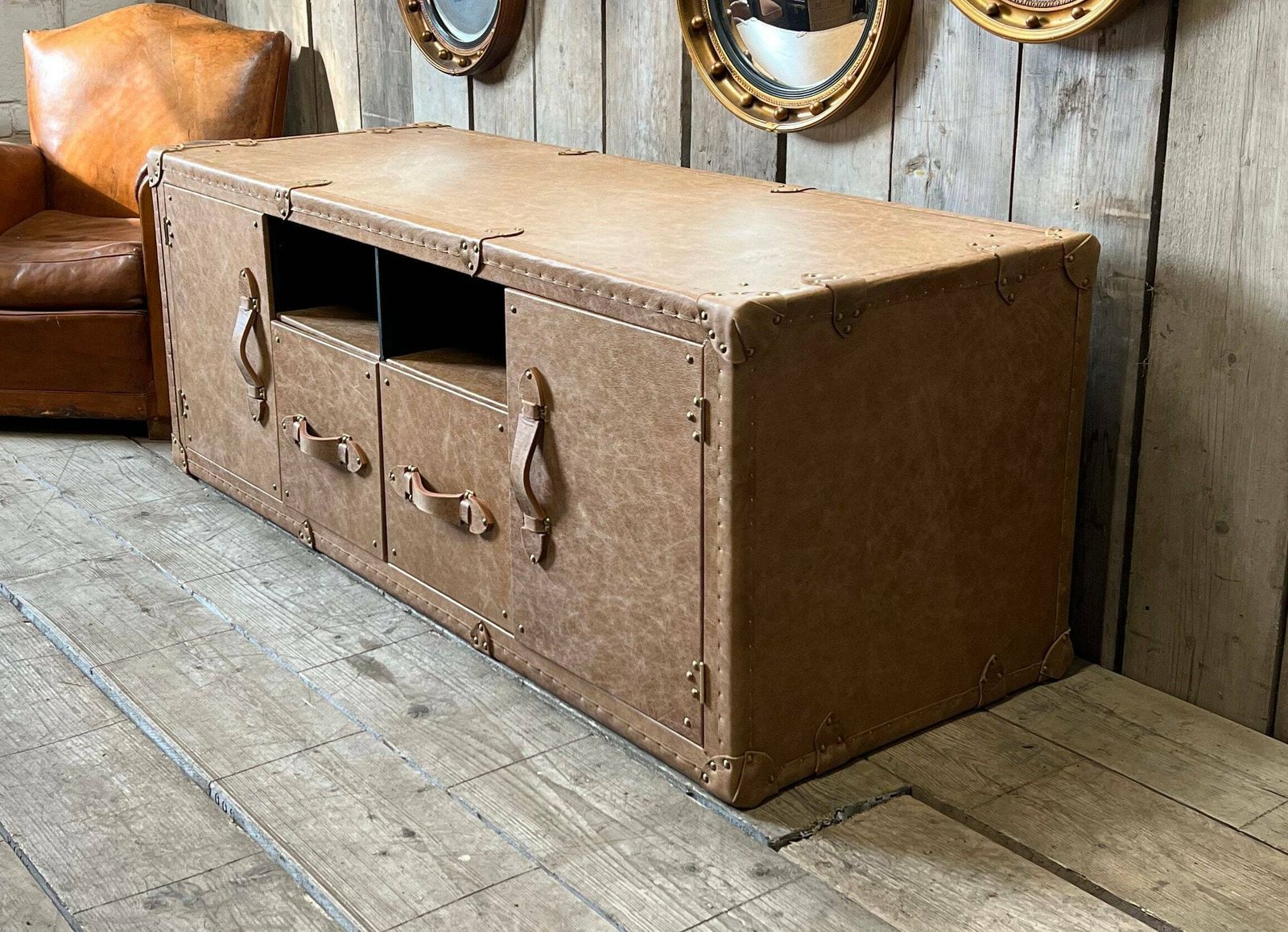 Tv Cabinet , Tv Console Table , Lincoln Tan Leather , Luxury Media Stand , Solid Wood photo furniture
