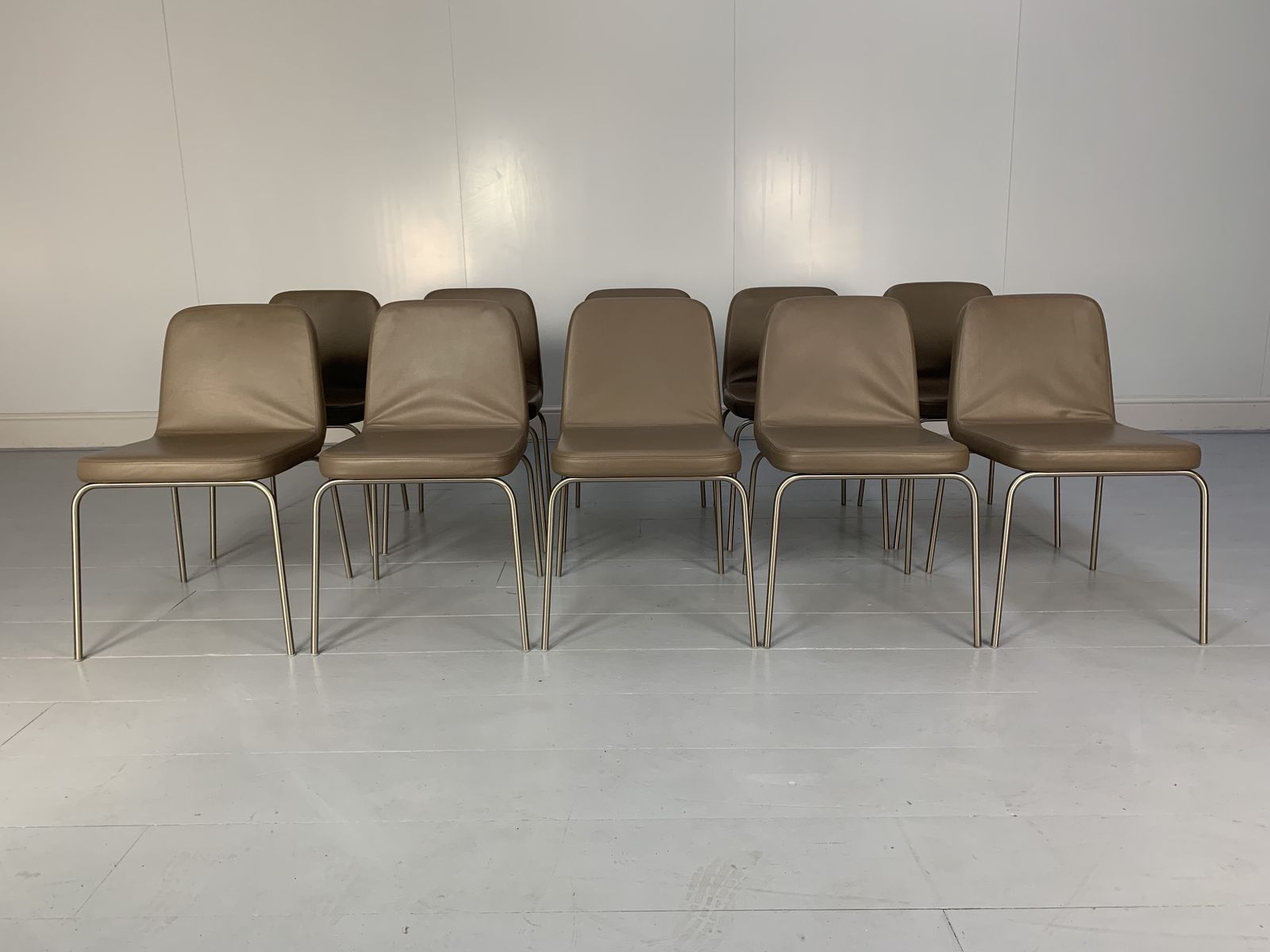 10 Minotti “Arp 1” Dining Chairs – In Taupe Leather photo for sale