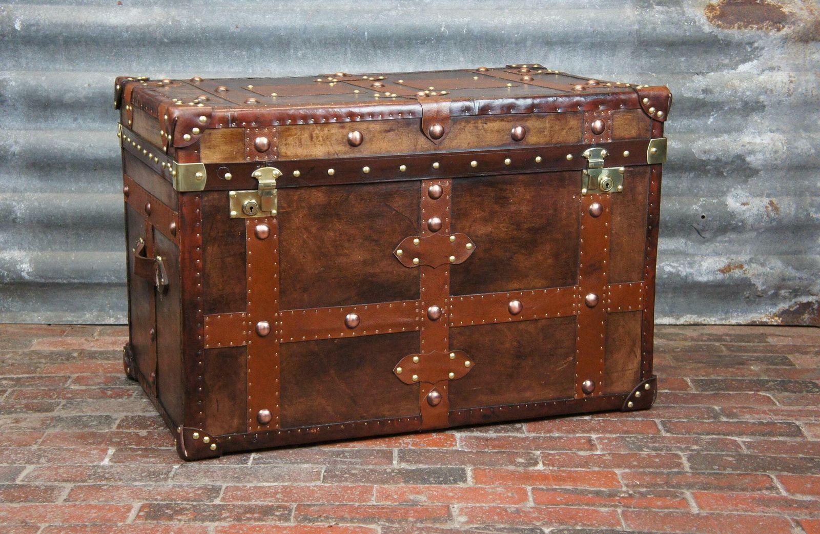 Antique Inspired English Leather Steamer Trunk Interior Coffee Table End Table photo furniture