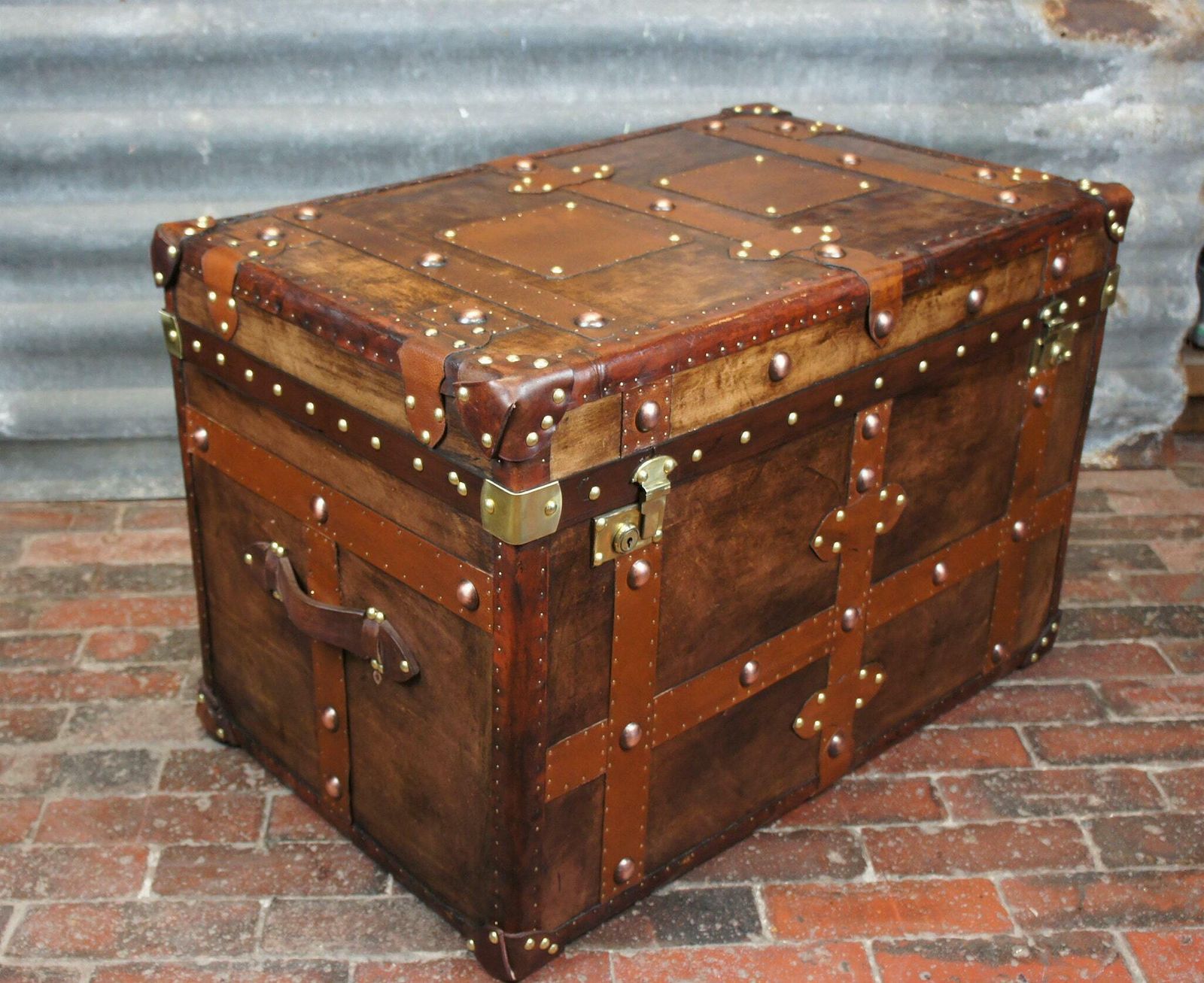 Antique Inspired English Leather Steamer Trunk Interior Coffee Table End Table photo Furniture