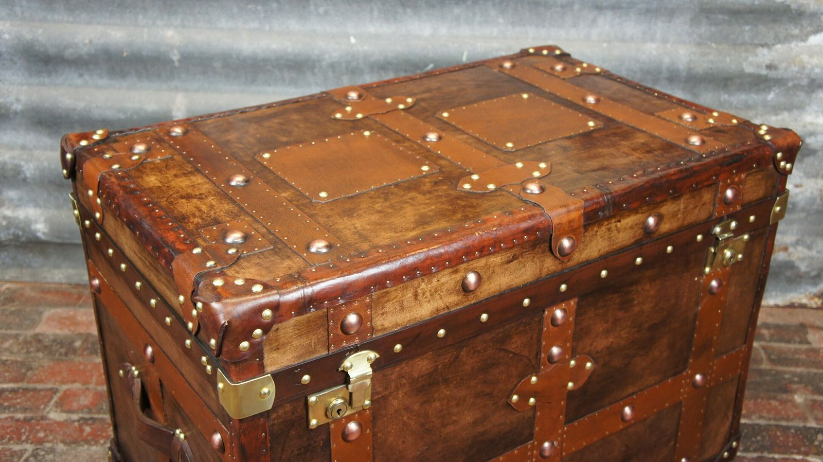 Antique Inspired English Leather Steamer Trunk Interior Coffee Table End Table photo 1264.0