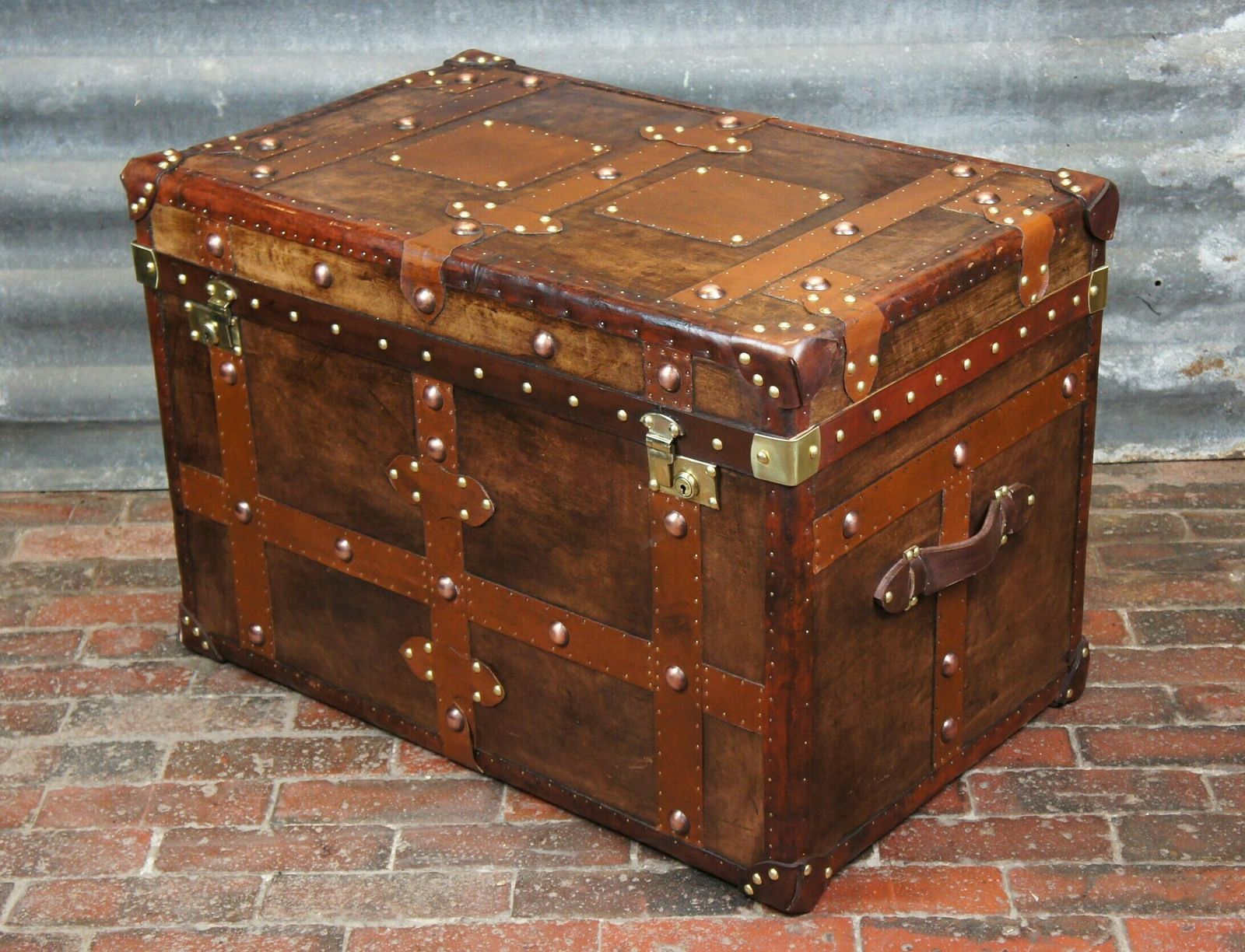 Antique Inspired English Leather Steamer Trunk Interior Coffee Table End Table photo buy