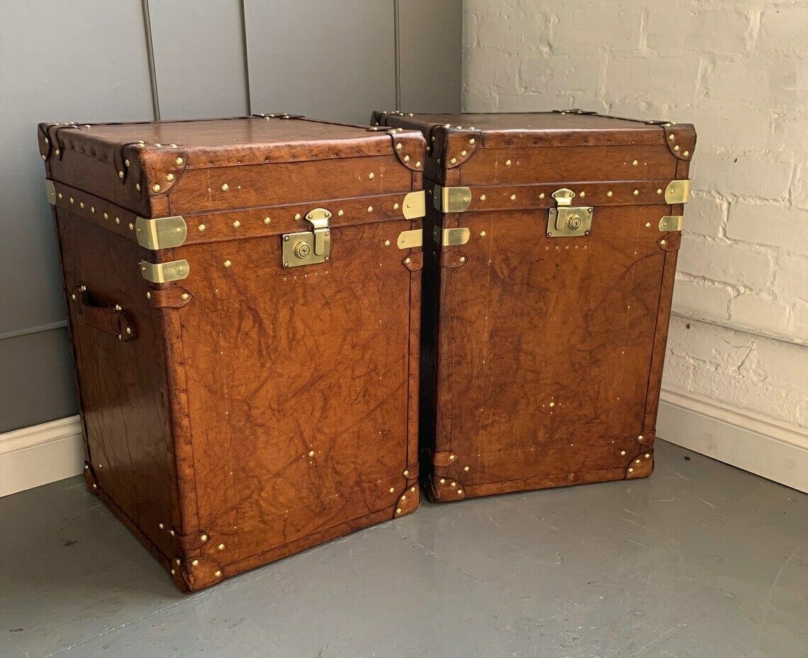 Library End Table Leather Colonial British Travel Trunks Room Decor photo for sale