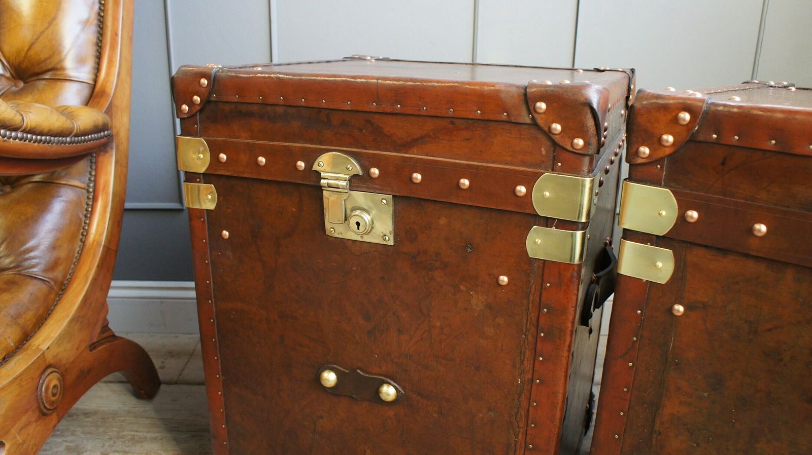 Original Antique English Leather Large Occasional Side Table Trunks photo furniture