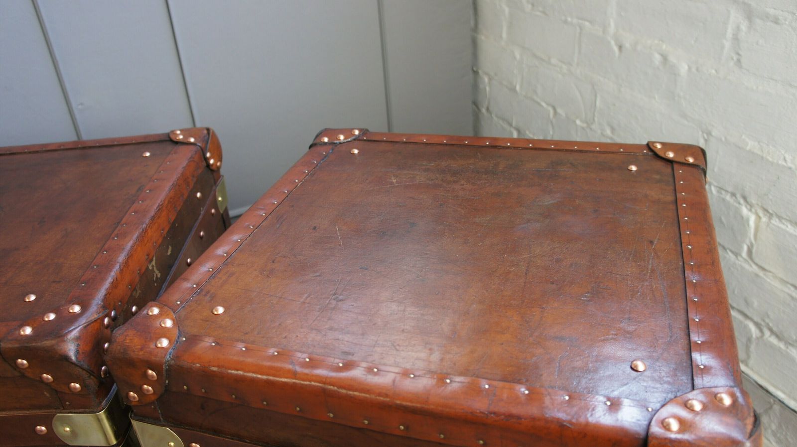 Original Antique English Leather Large Occasional Side Table Trunks photo Furniture