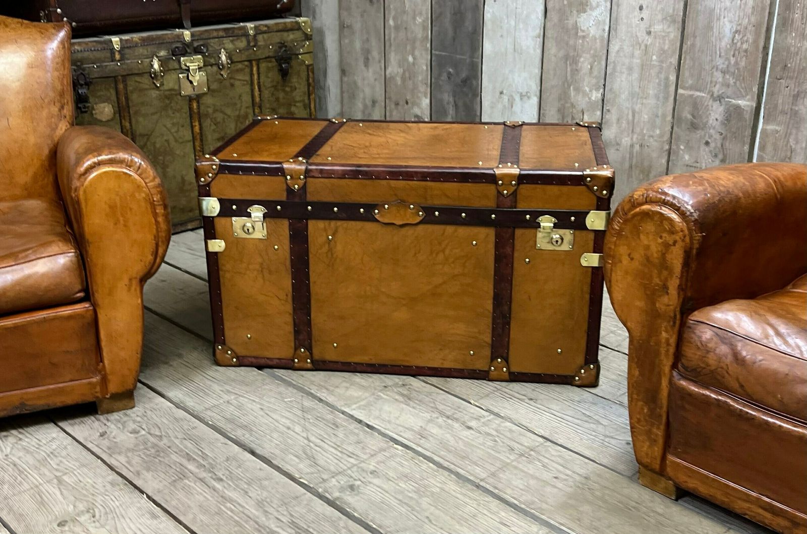 London Tan Leather Vintage Inspired Travel Trunk End Table Coffee Table English Handmade In Nottingham photo 1494.0