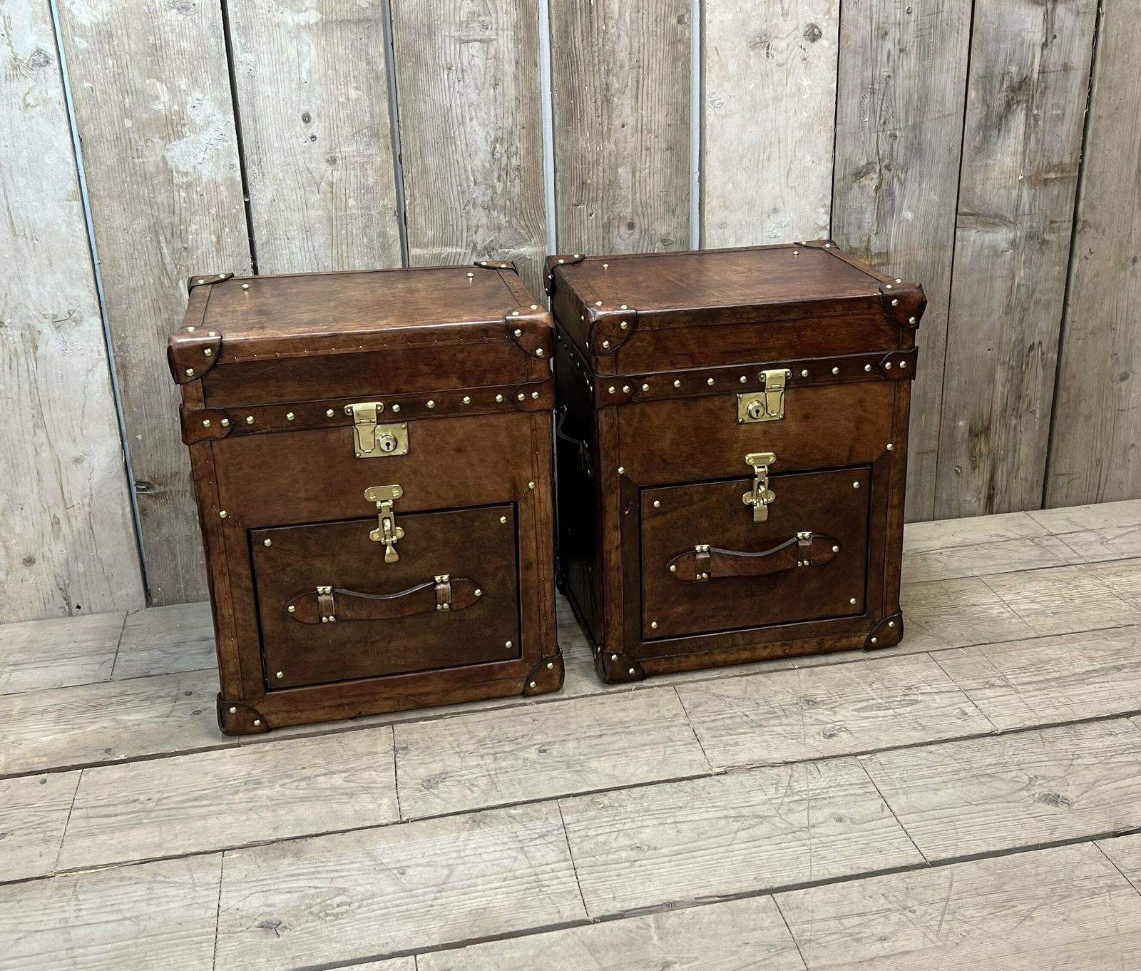 Pair Of Matching Hand Dyed Bridle Leather Occasional Side Table Trunks Vanities Night Stands Trunks Bedroom Furniture photo for sale