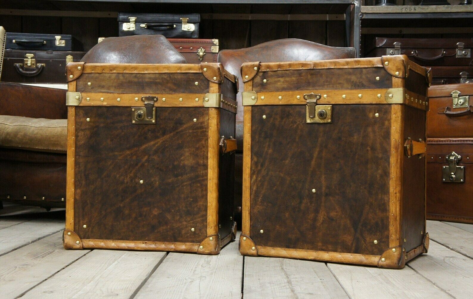 Dark Brown Tan Leather Trimmed Occasional Nightstands Vanities Trunks Chests Home Decor photo furniture