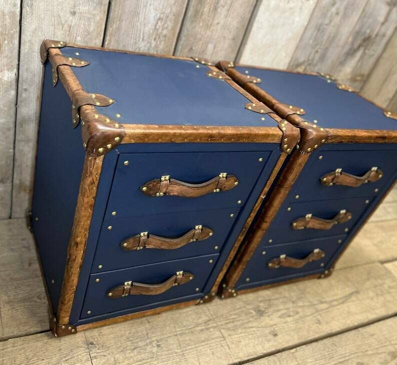 Luxury Pebble Blue Hand Dyed Trim Leather Nightstands Bedroom Furniture Chests