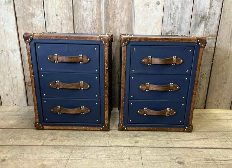 Luxury Pebble Blue Hand Dyed Trim Leather Nightstands Bedroom Furniture Chests photo Furniture