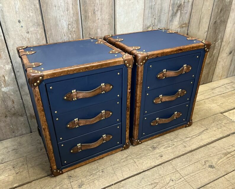 Luxury Pebble Blue Hand Dyed Trim Leather Nightstands Bedroom Furniture Chests photo buy