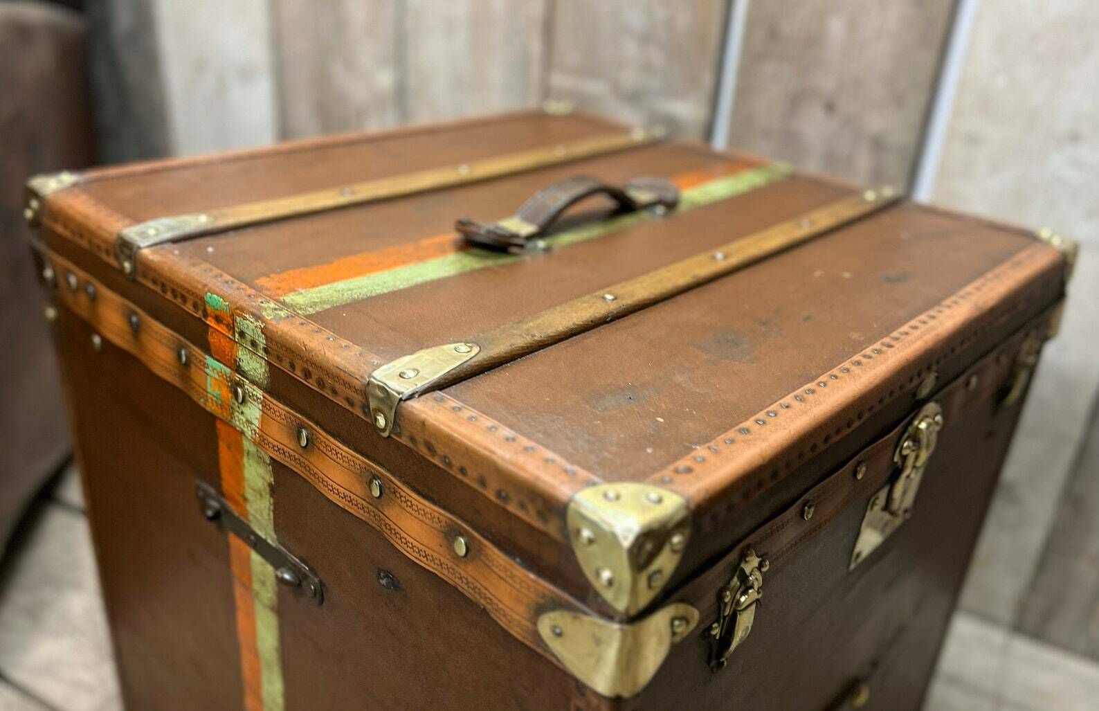 Huge Antique Square Travel Trunk Chest End Table Hatbox Trunk French Travel photo furniture