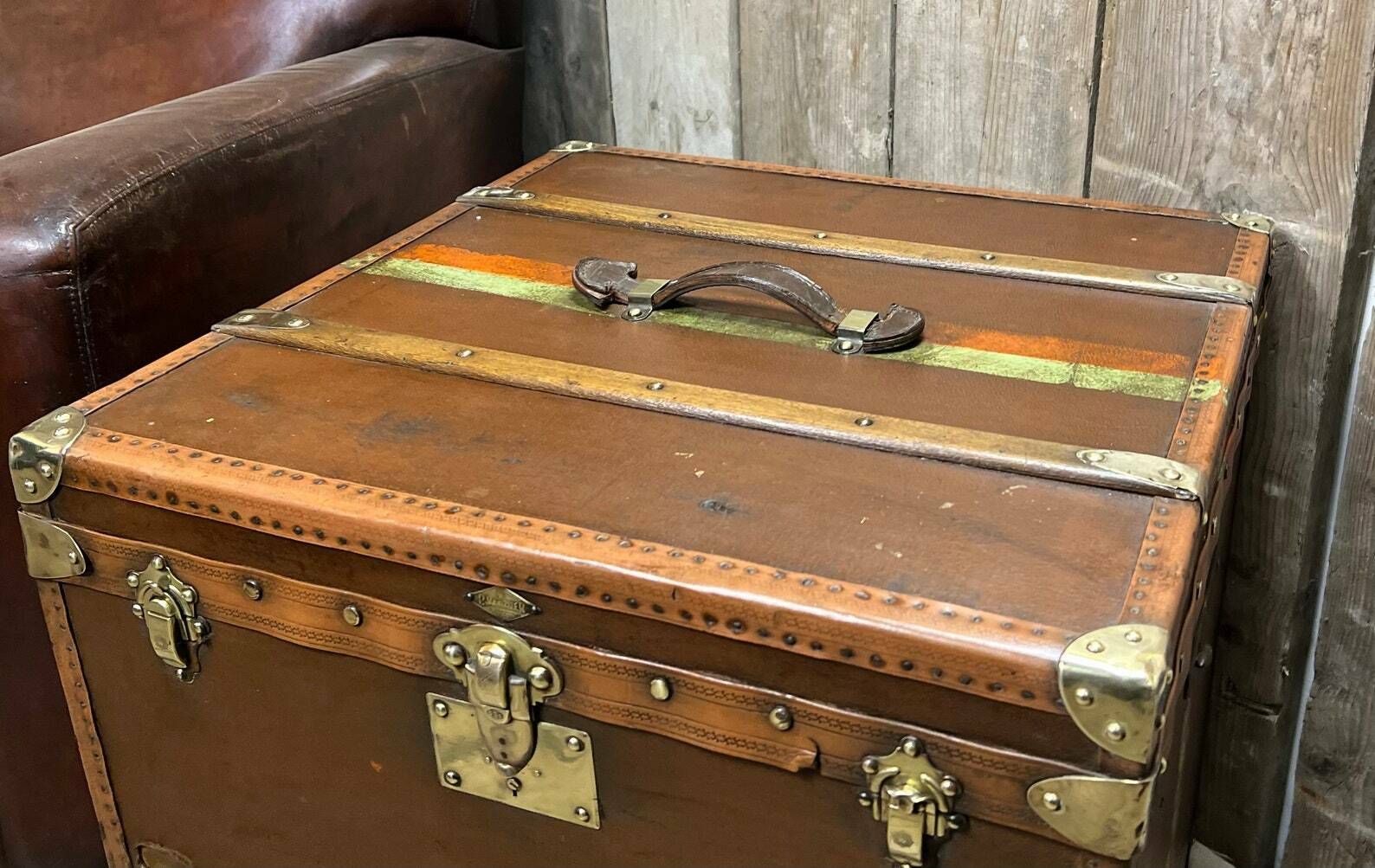 Huge Antique Square Travel Trunk Chest End Table Hatbox Trunk French Travel photo Furniture