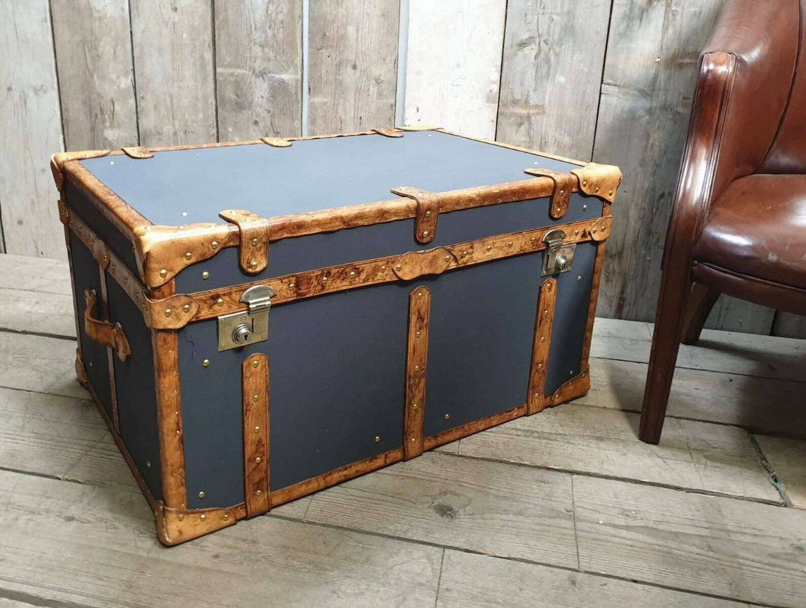 Charcoal Grey Millerain & Tan Leather Coffee Table End Table Home Decor Living Room photo 1494.0