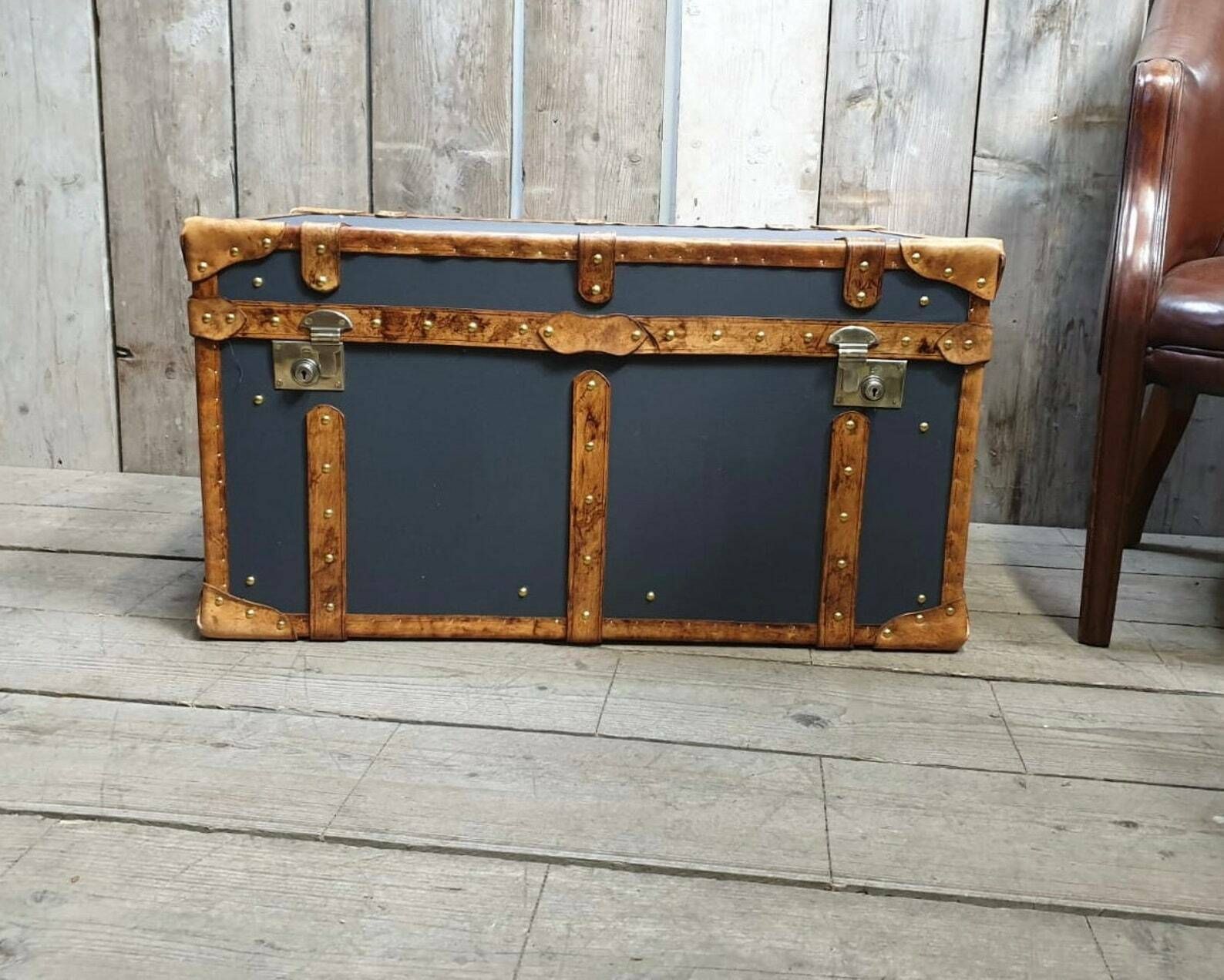 Charcoal Grey Millerain & Tan Leather Coffee Table End Table Home Decor Living Room photo buy