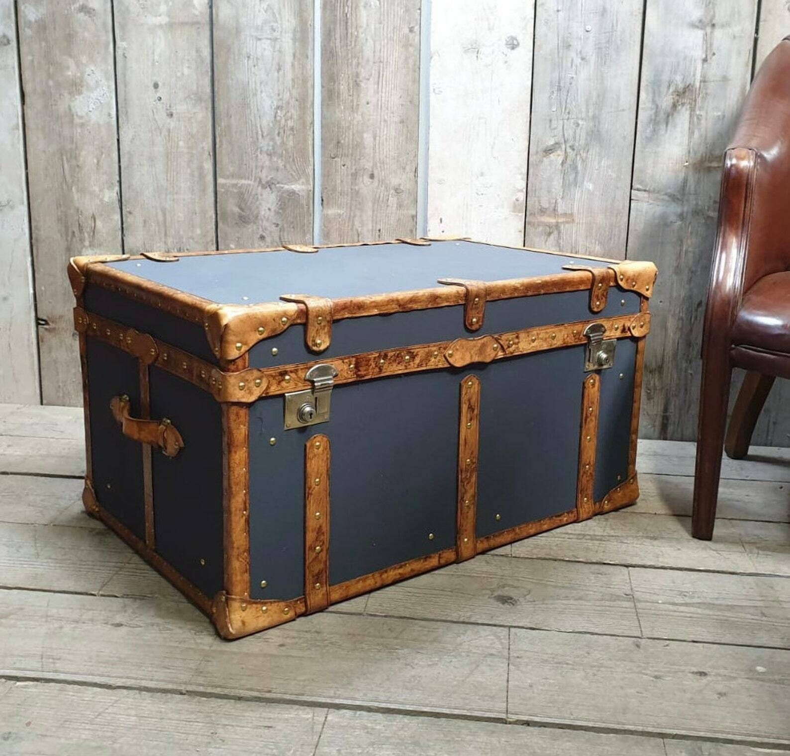Charcoal Grey Millerain & Tan Leather Coffee Table End Table Home Decor Living Room photo vintage