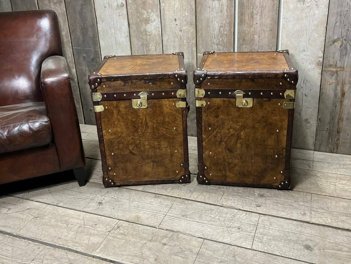 Hand Made Hand Dyed English Leather Traditional Travel Trunks Hone Decor End Tables photo furniture