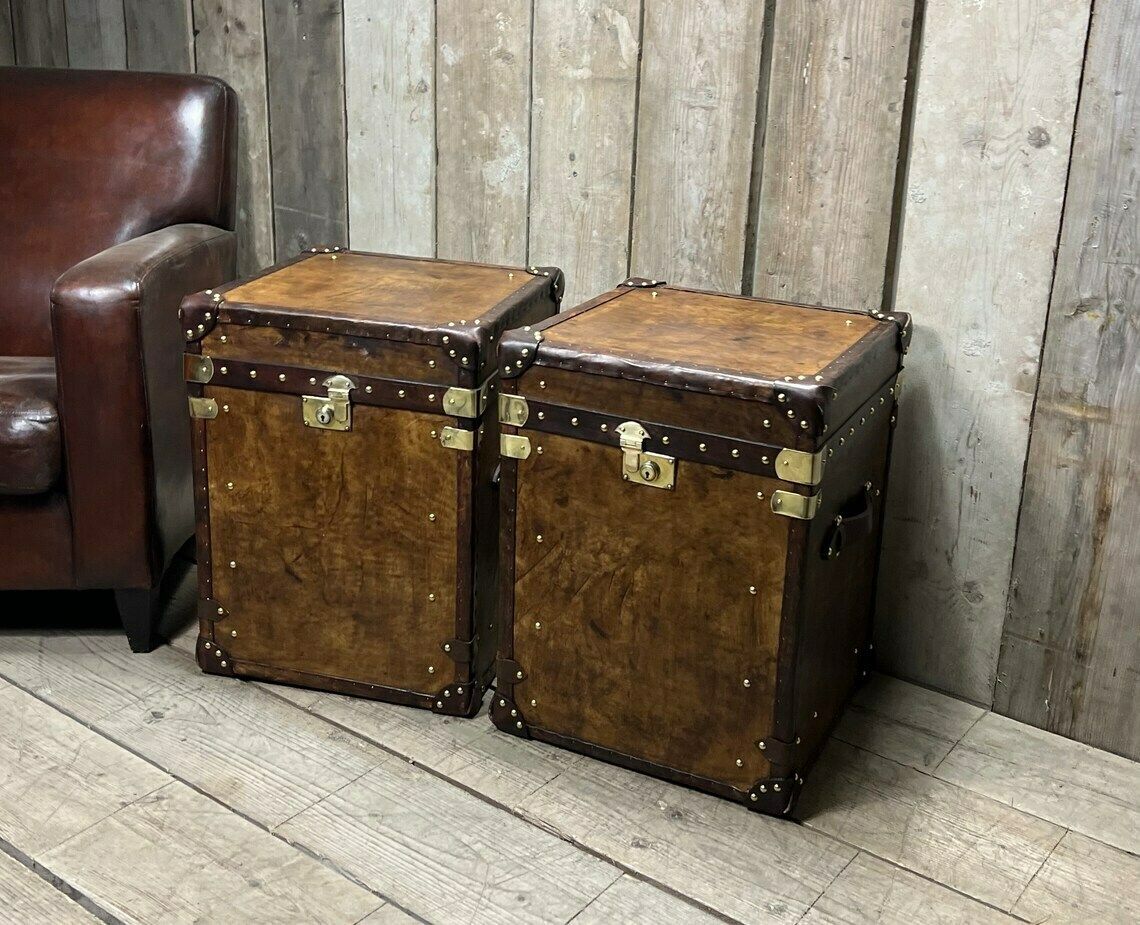 Hand Made Hand Dyed English Leather Traditional Travel Trunks Hone Decor End Tables photo buy