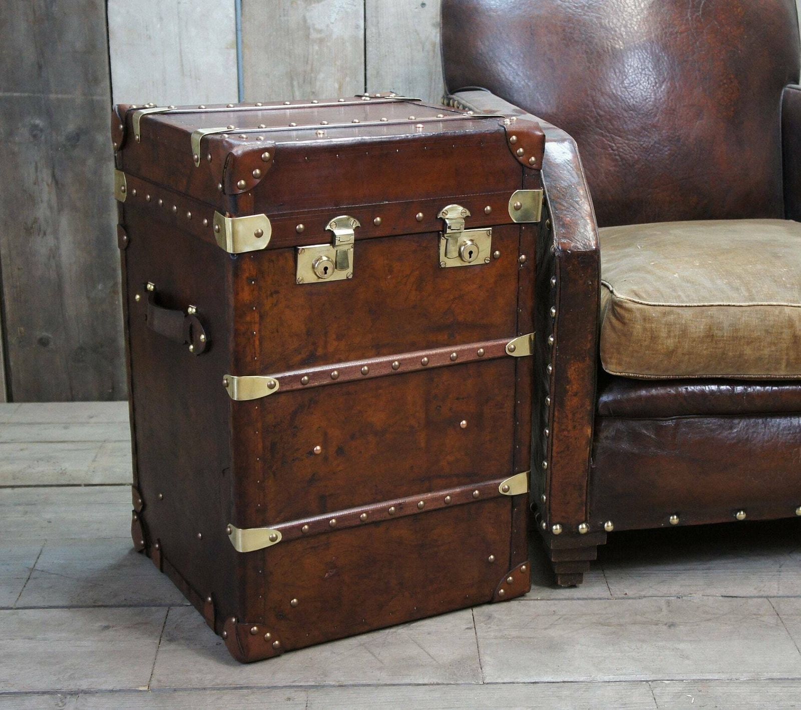 Ski Lodge Antique Leather Console Tables Luxury Bespoke English Leather Crafted Nightstands End Tables Sublime Patina photo Furniture