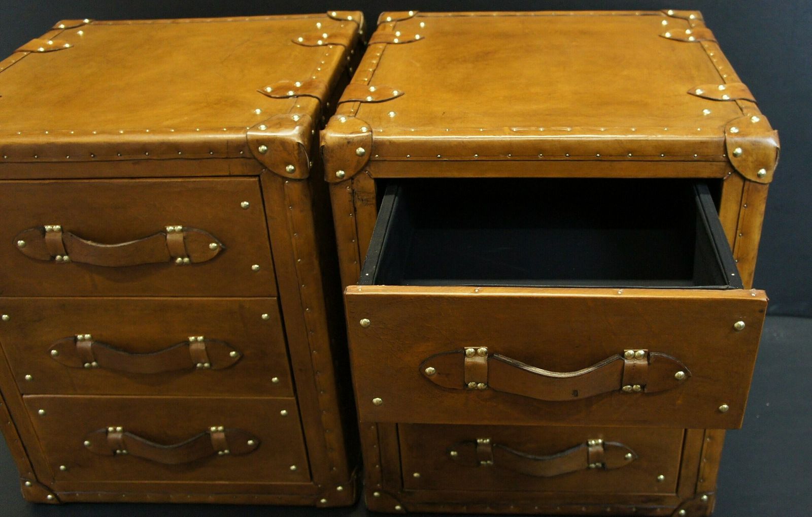 photo furniture Pair Of Luxury Leather 3 Draw Nightstands In London Tan Nightstands Vanities Bedroom Furniture